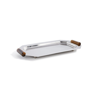 Metal tray with wooden ends on a white background
