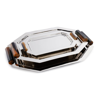 Silver tray with wooden accents on a white background