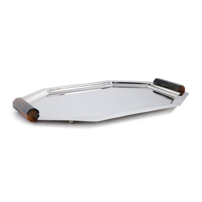 Hexagonal metal tray with wooden accents on a white background