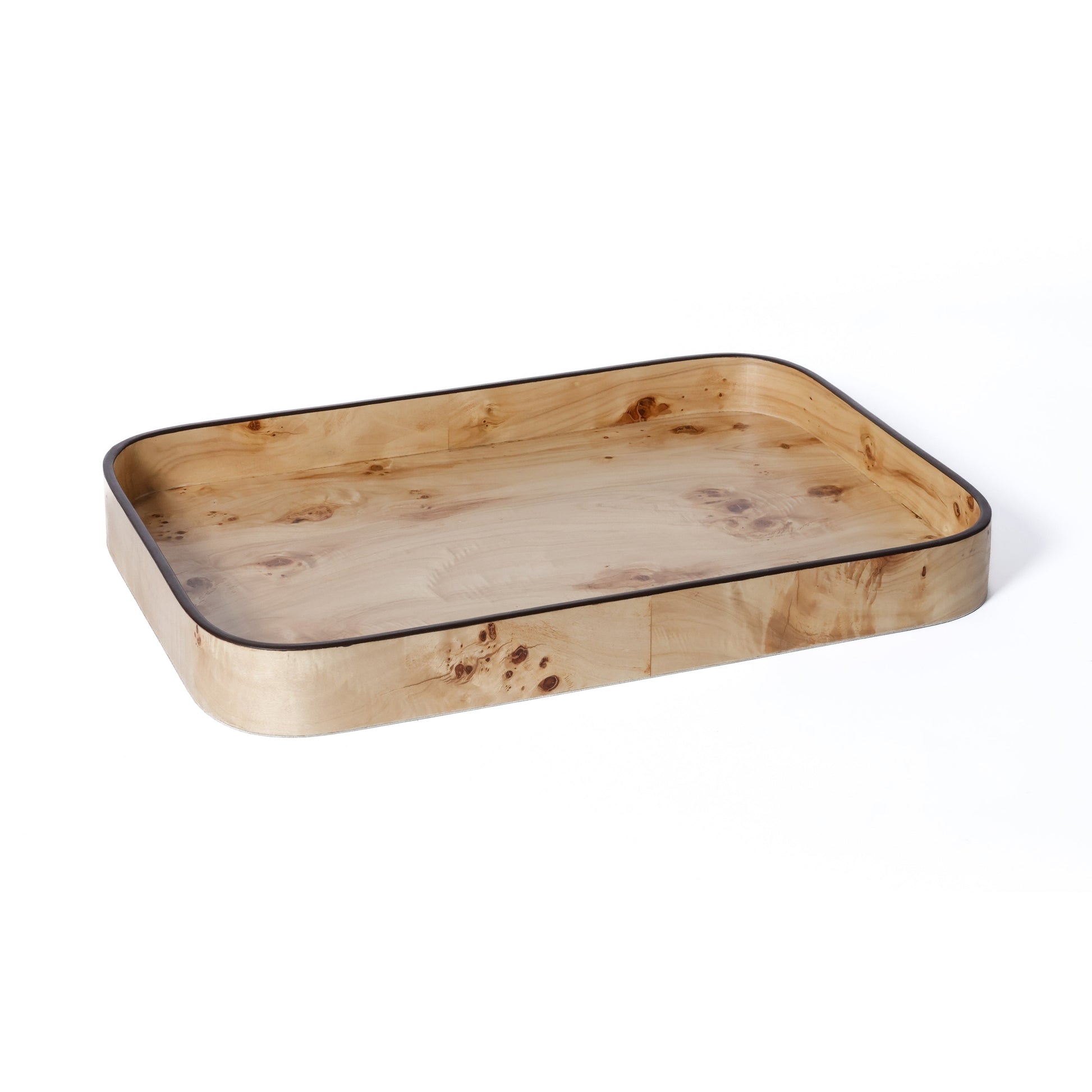 Wooden tray with a black rim on a white background