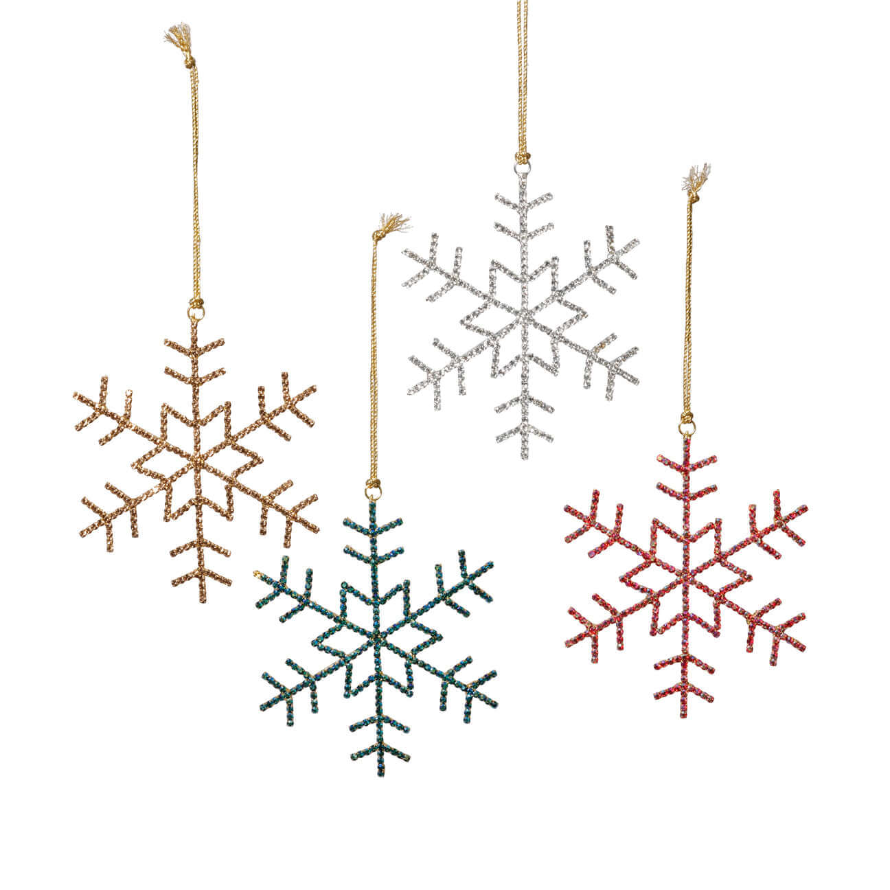 Set of four snowflake-shaped Christmas ornaments in gold, silver, green, and red on a white background.
