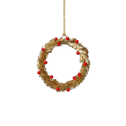 Beaded Wreath Ornament with Red Berries