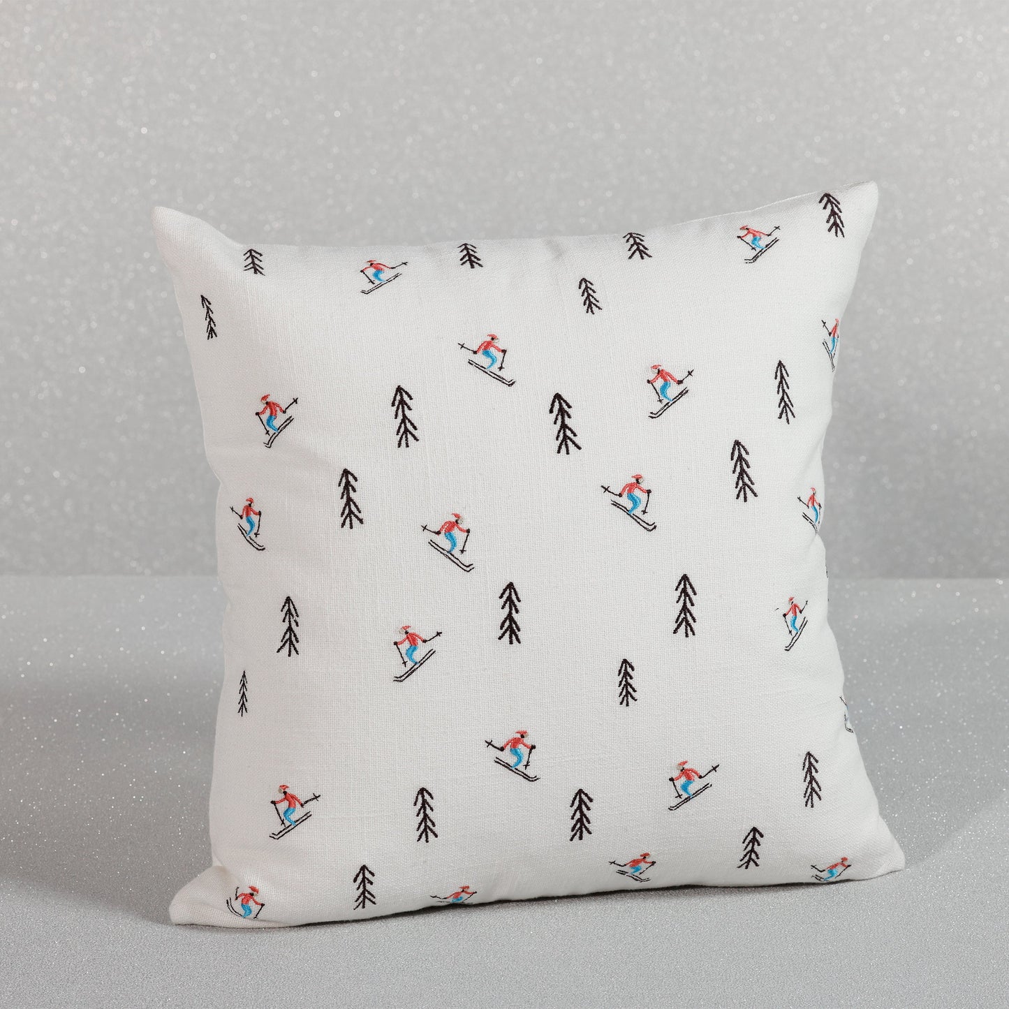 Ski Mountain Cotton Embroidered Throw Pillow - Trees & Skiers