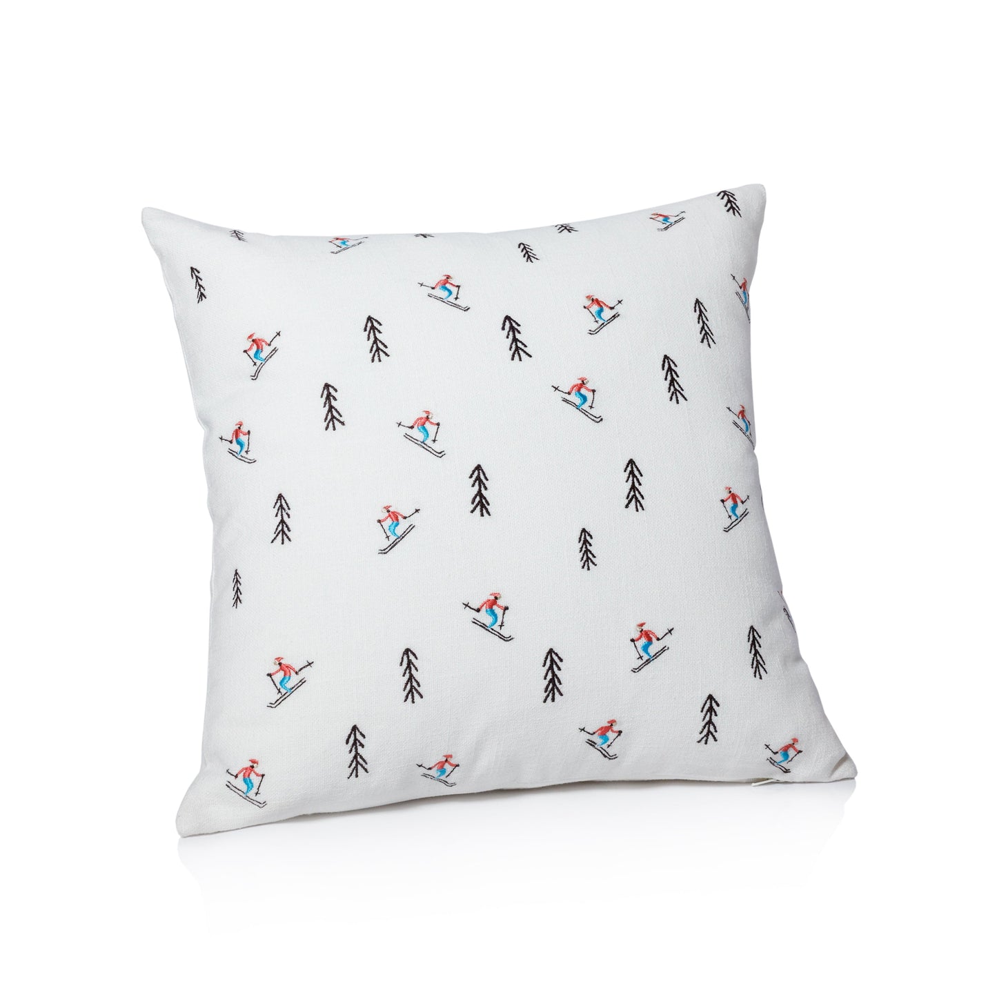 Ski Mountain Cotton Embroidered Throw Pillow - Trees & Skiers
