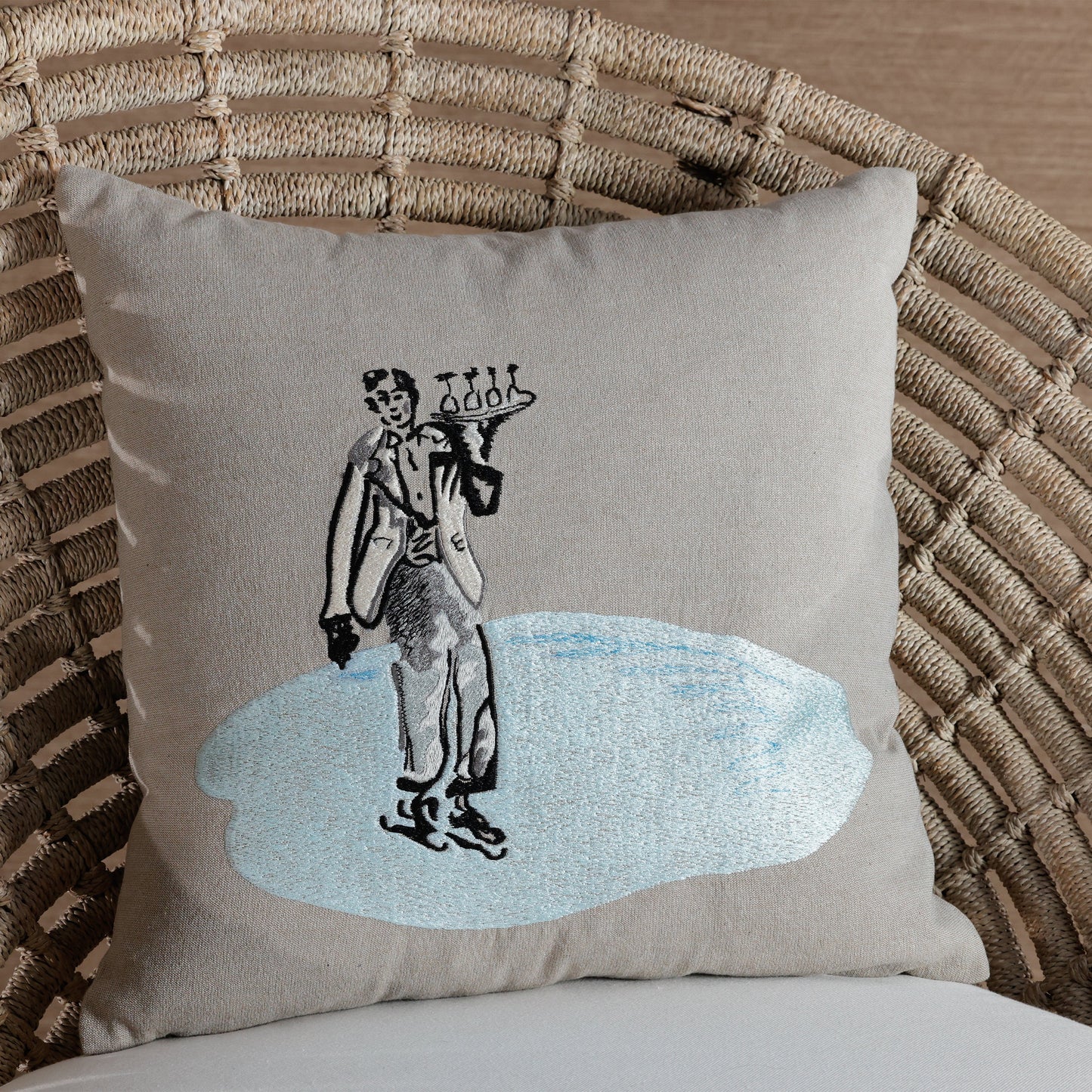 St. Mortiz Glam Cotton Chambray Throw Pillow - Waiter on Ice Skates