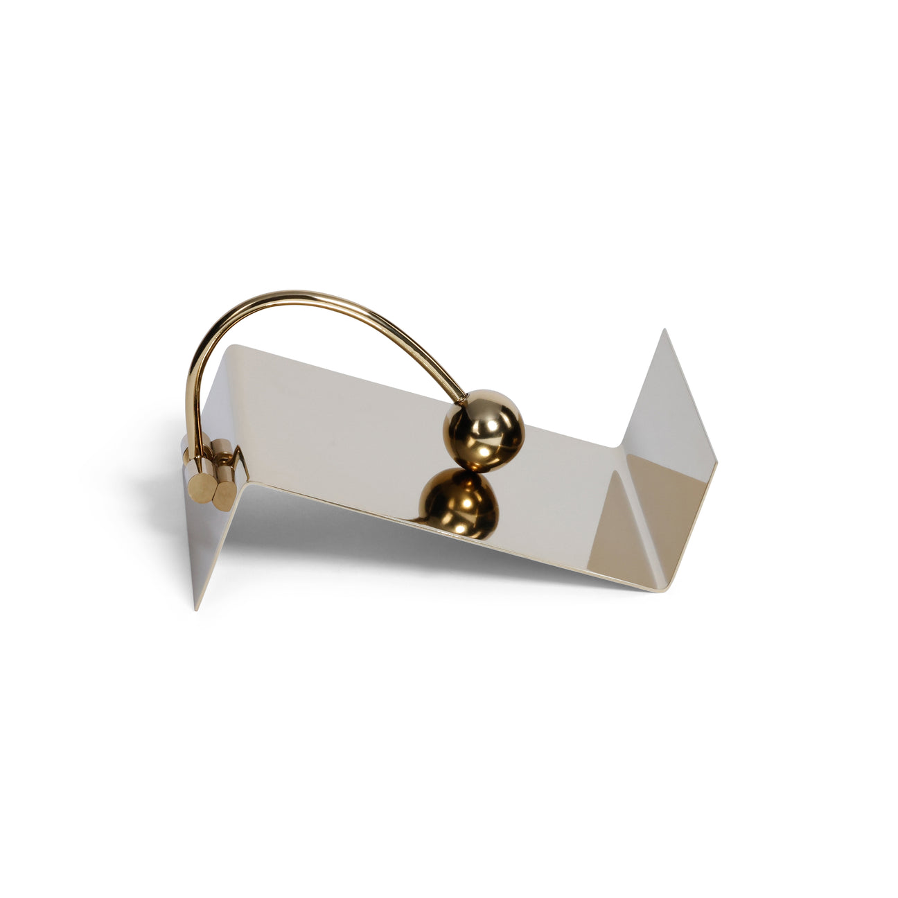 Metallic stand with gold ball on a white background