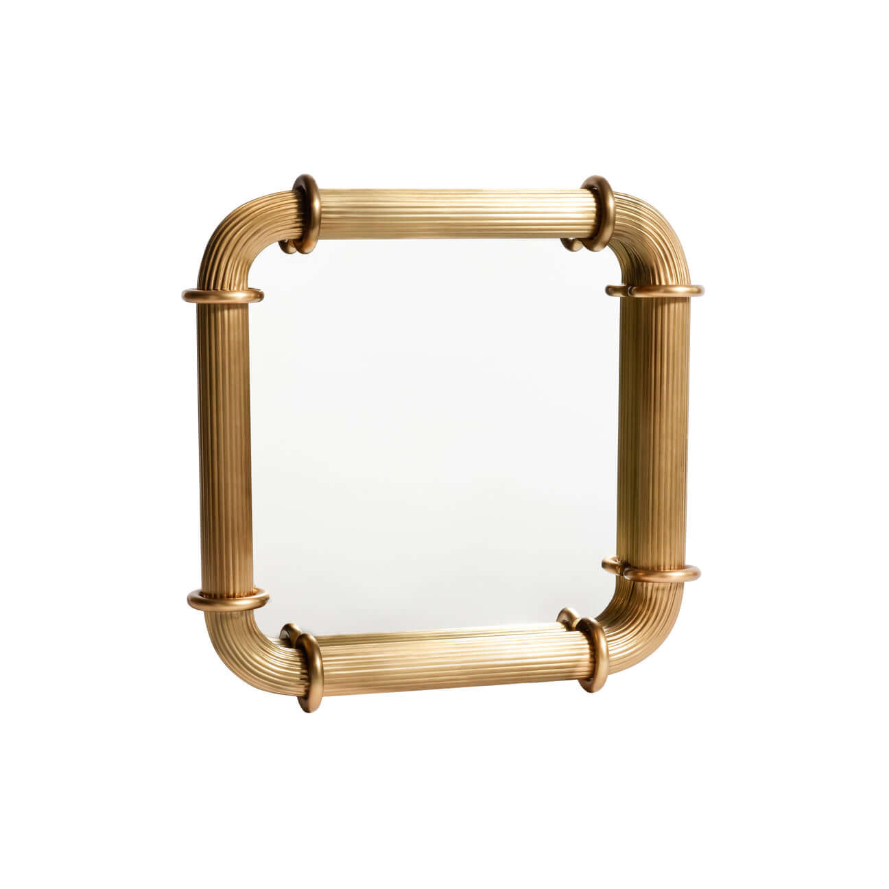 Limoges Ribbed Wall Mirror showcasing a bold brass-finish frame with ribbed details and circular ring fittings.