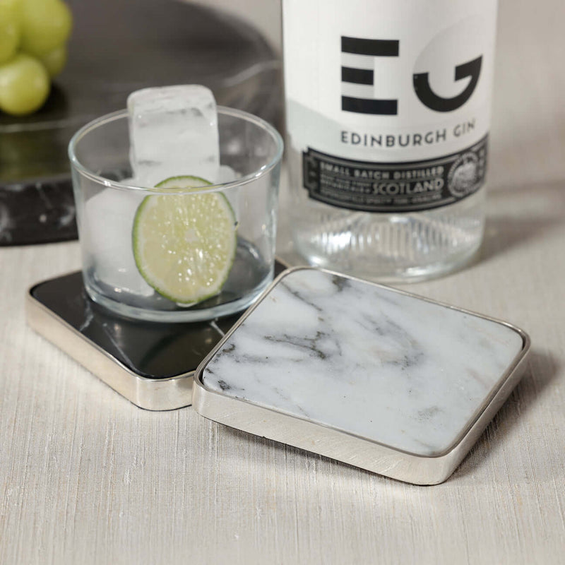 Roku Silver Border Drink Coaster, Set of 6 with marble and silver border, perfect for stylish drink serving.