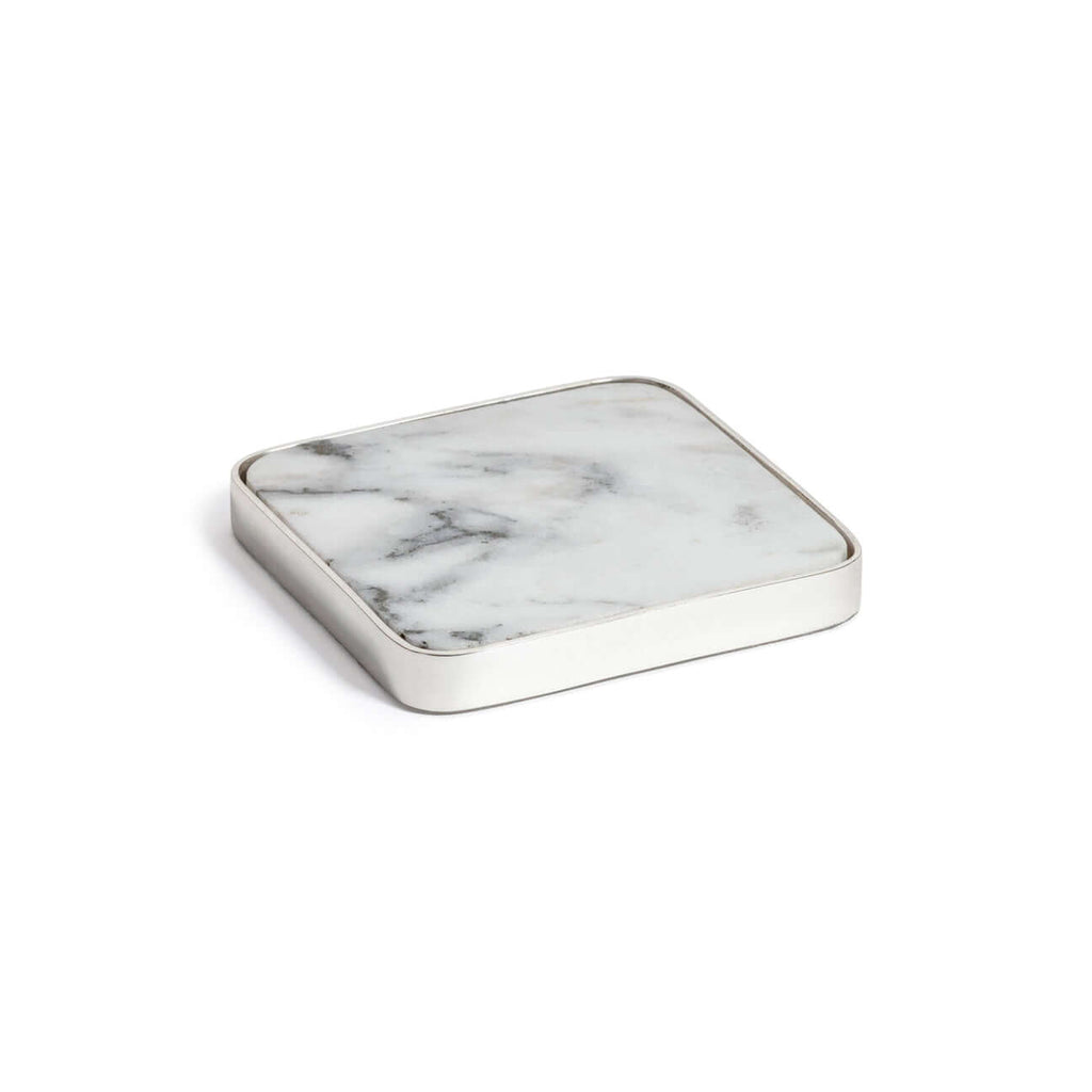 Roku Silver Border Drink Coaster, Set of 6 in white marble with polished silver border, elegantly designed for stylish decor.
