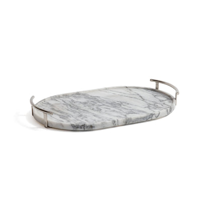 Marble-patterned tray with metal handle on a white background