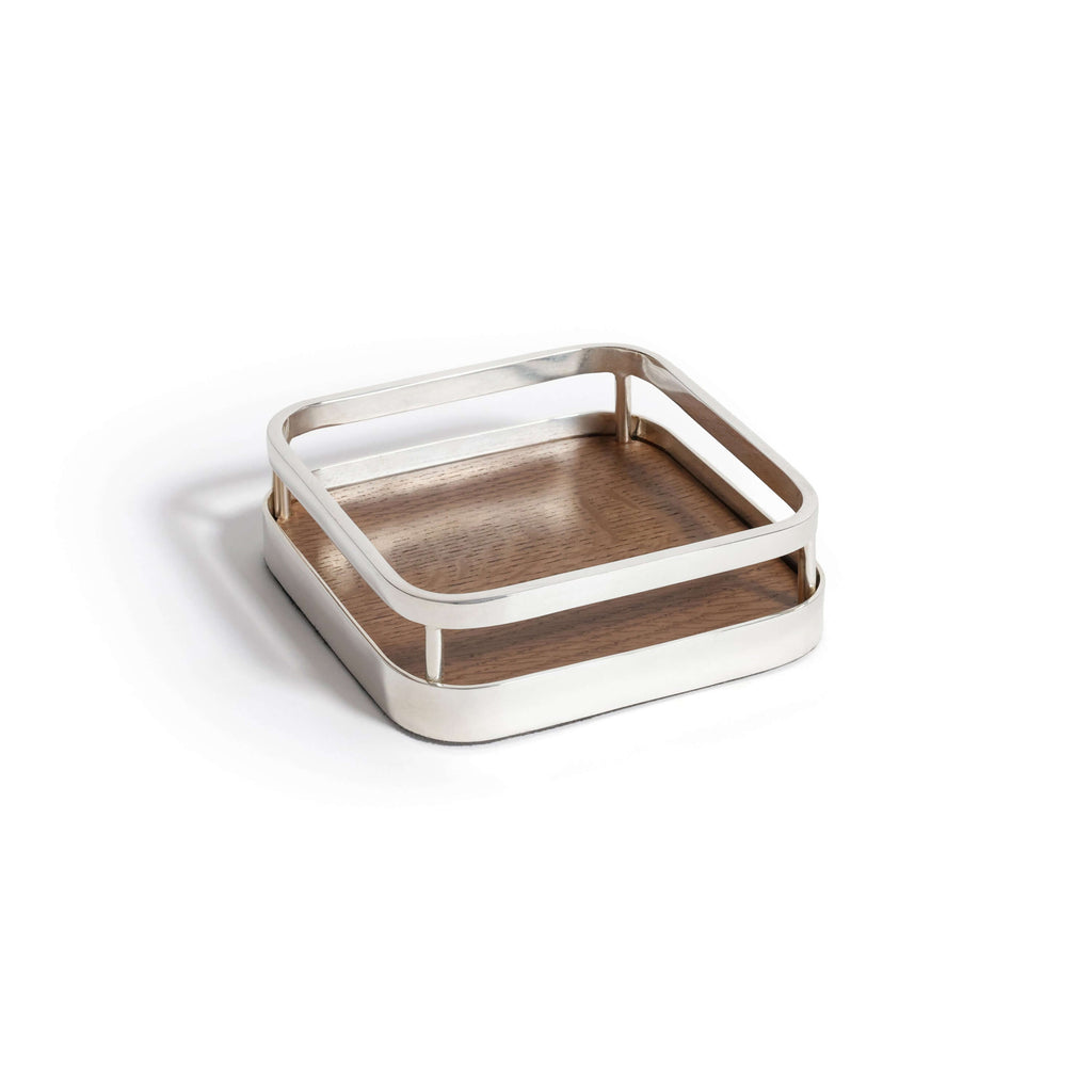 Linea Cocktail Napkin Holder in polished nickel with warm walnut wood insert.