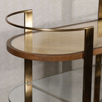 Sloane Oak Wood Oval Bar Cart top view showcasing antique brass finish and glass inset.