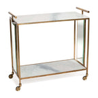 Soho Marble Bar Cart featuring white Carrara marble and brass-finished steel frame with glass panels.