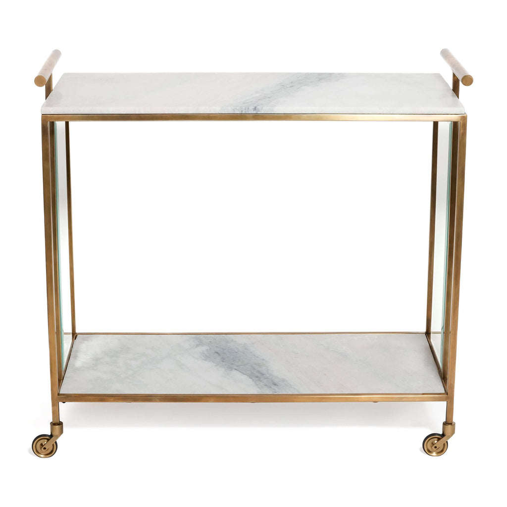 Soho Marble Bar Cart featuring white Carrara marble top and brass-finished steel frame with glass side panels.