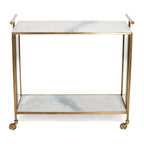 Soho Marble Bar Cart featuring white Carrara marble top and brass-finished steel frame with glass side panels.