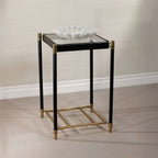 Park Lane 18 Leather Side Table with glass top, black leather legs, and brass accents, perfect for modern decor.