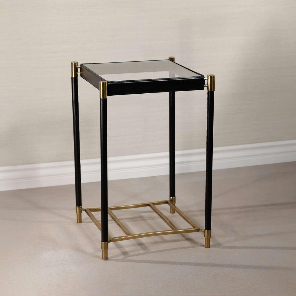 Park Lane 18 Leather Side Table featuring black leather and brass hardware accents.