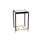 Park Lane 18 Leather Side Table featuring a glass top, black leather legs, and brass accents.