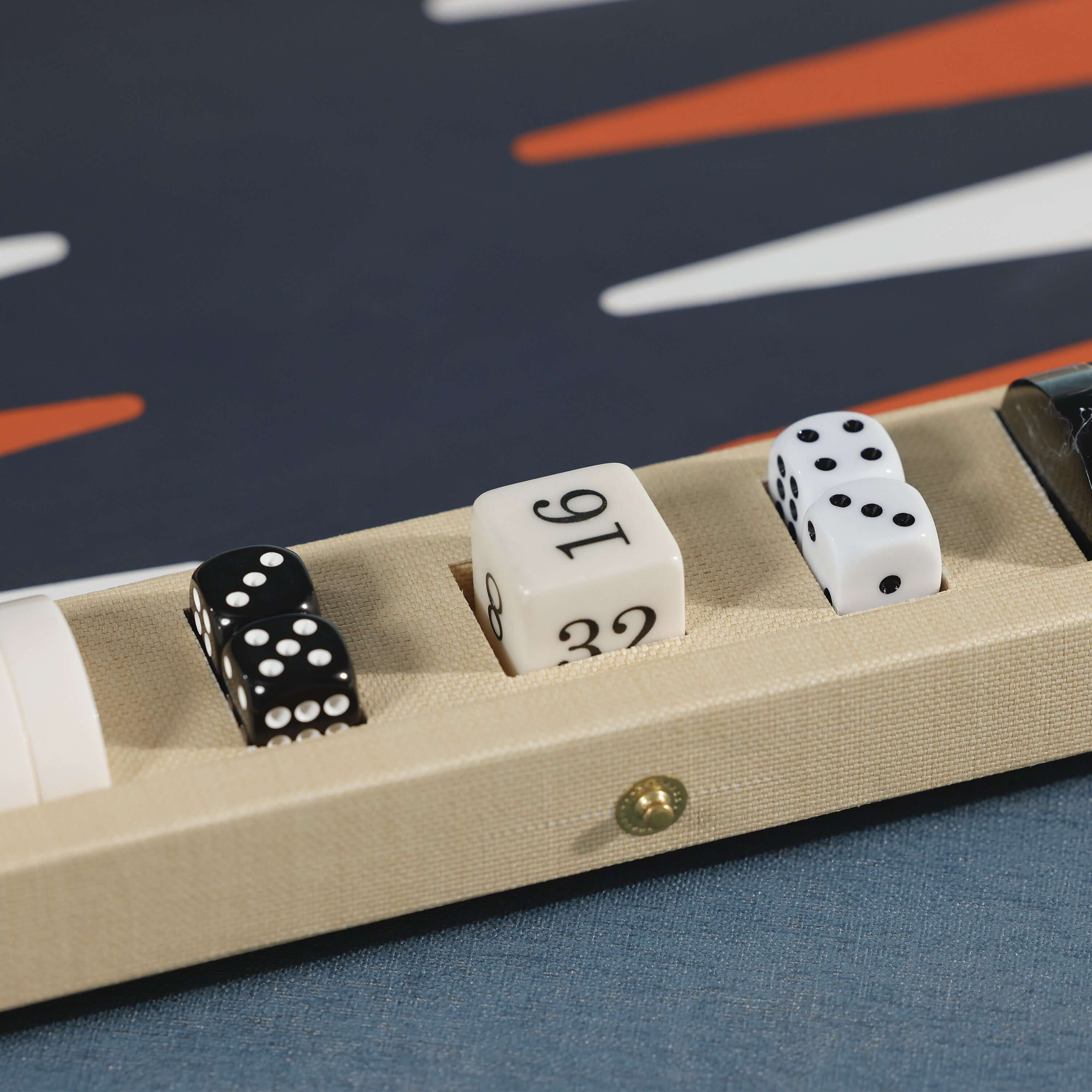Monaco 19" Backgammon Set with black and white dice on the game board, showcasing quality craftsmanship and design.