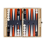 Monaco 19" Backgammon Set showcasing the dramatic game board with burnt orange and soft white points.