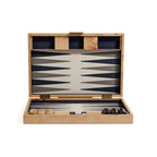 Marbella Backgammon Set open showing burl wood veneer finish and game pieces.
