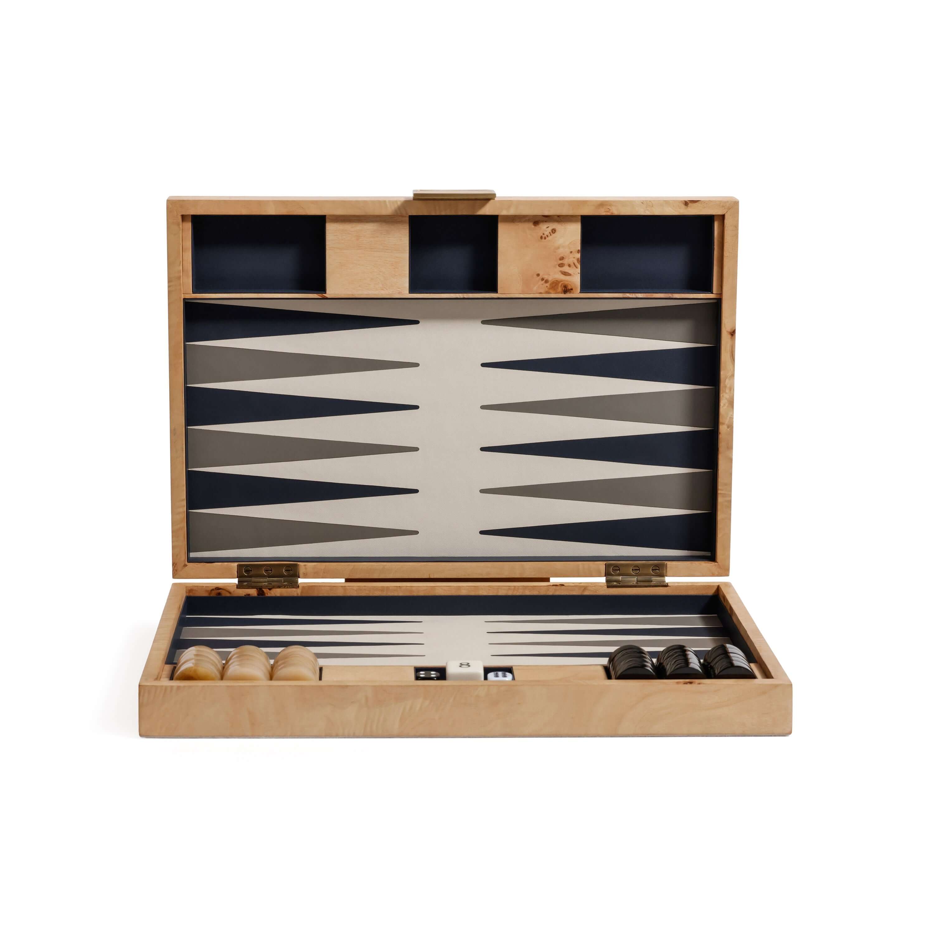 Marbella Backgammon Set open showing burl wood veneer finish and game pieces.
