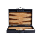 Geneva 19" Backgammon Set - Marine Blue Leather open, displaying unique wood interior and game pieces.