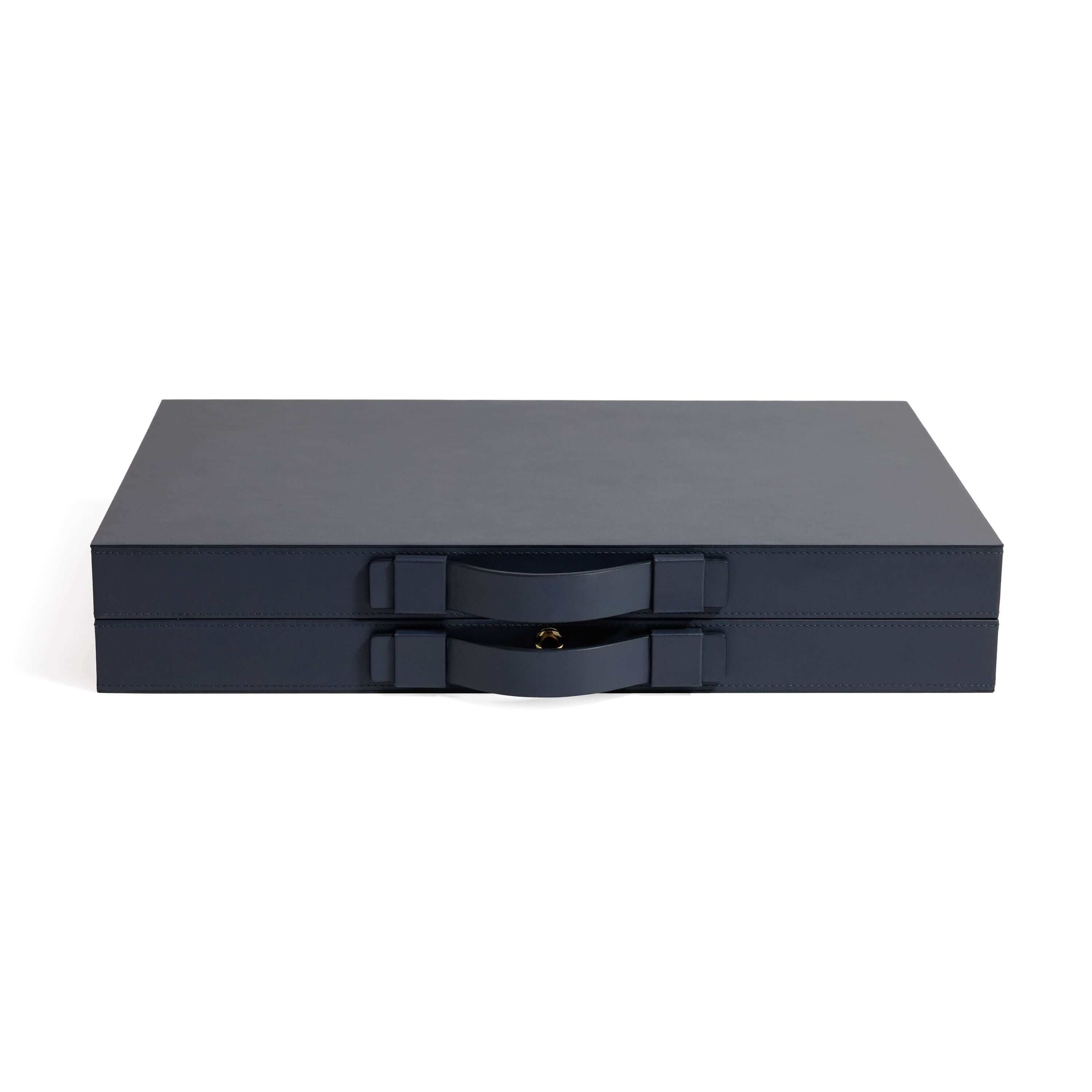 Geneva 19" Backgammon Set - Marine Blue Leather in smooth navy leather with top carry handles and brass clasp.