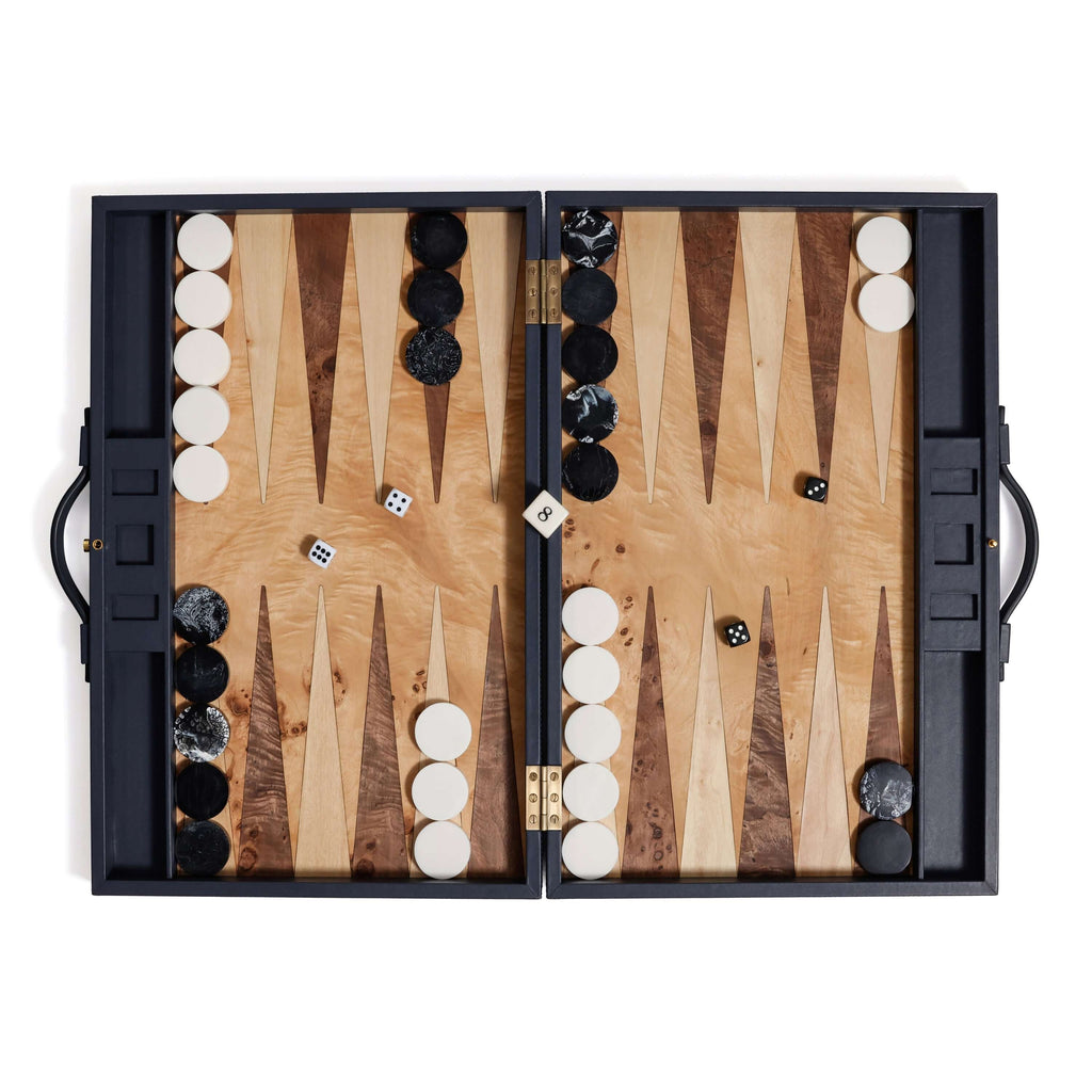 Geneva 19" Backgammon Set - Marine Blue Leather with pieces arranged on the board, showcasing the unique design.