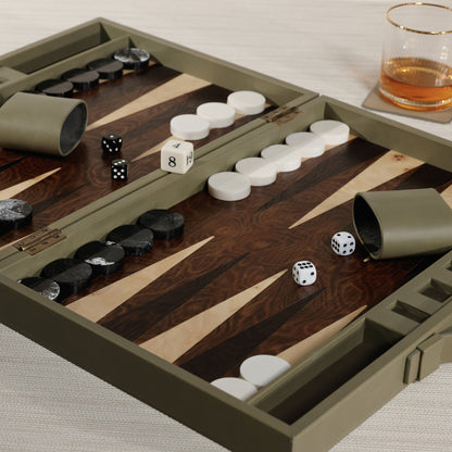 Geneva 19" Backgammon Set - Dusty Green Leather