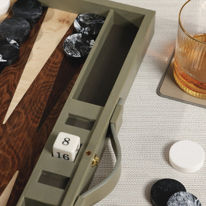 Geneva 19" Backgammon Set - Dusty Green Leather
