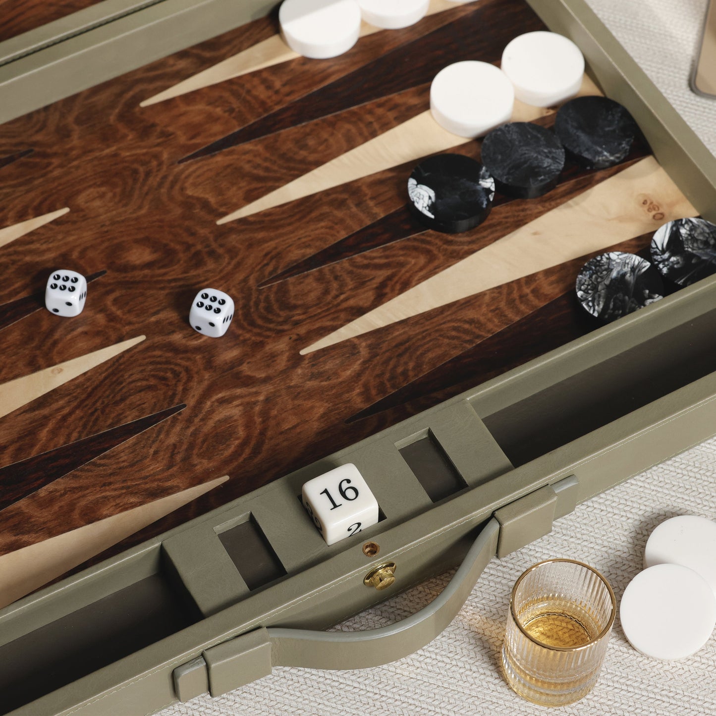 Geneva 19" Backgammon Set - Dusty Green Leather