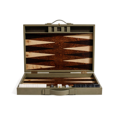 Geneva 19" Backgammon Set - Dusty Green Leather