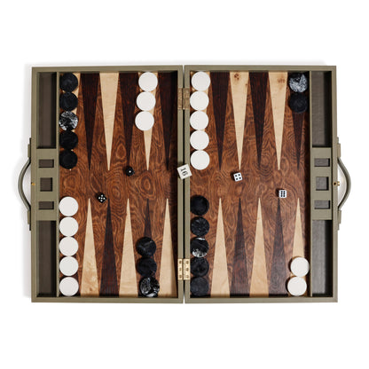 Geneva 19" Backgammon Set - Dusty Green Leather