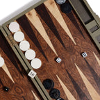 Game pieces and dice on the Geneva 19" Backgammon Set - Dusty Green Leather playing surface.
