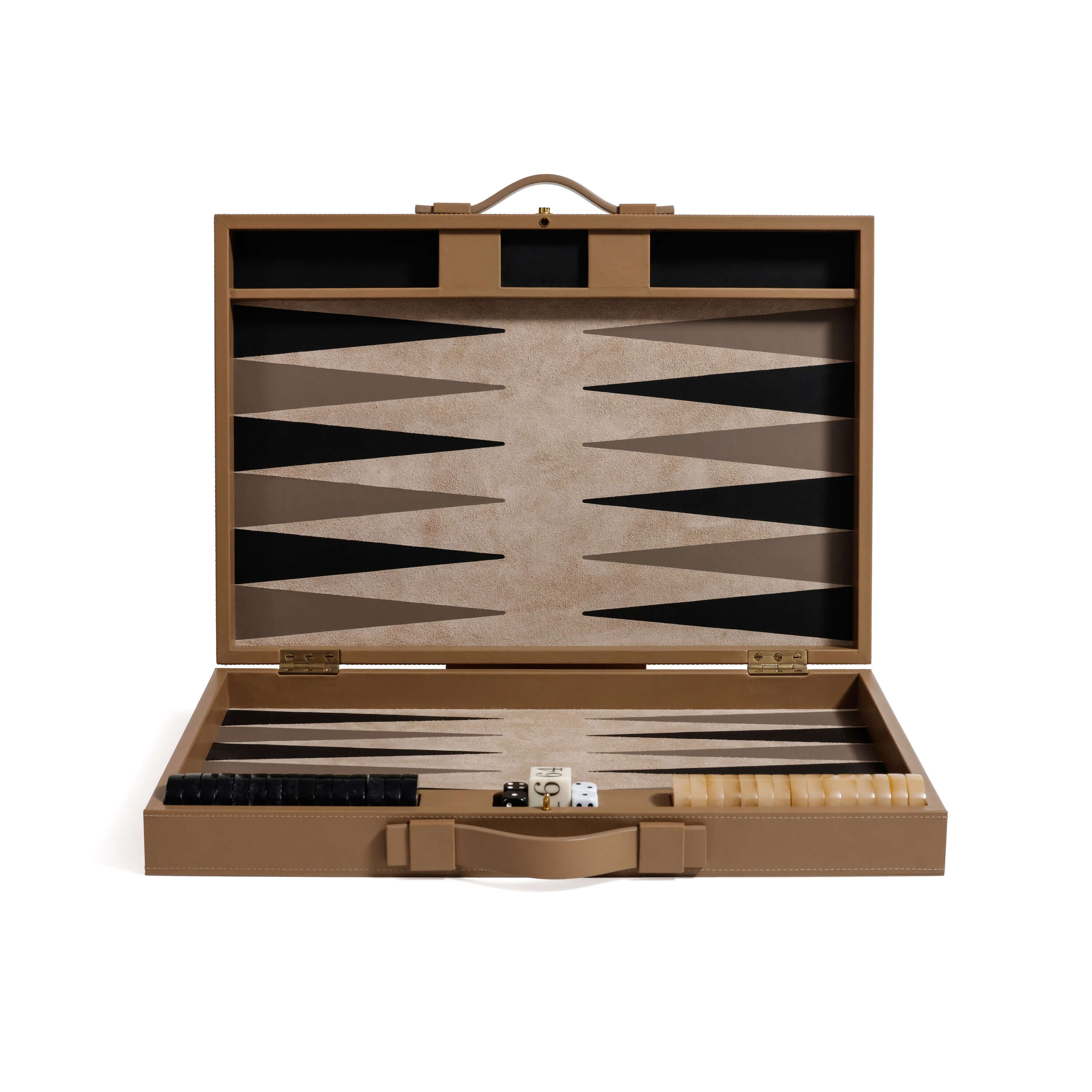 Geneva 19" Backgammon Set - Taupe Leather open showing smooth interior and game pieces.