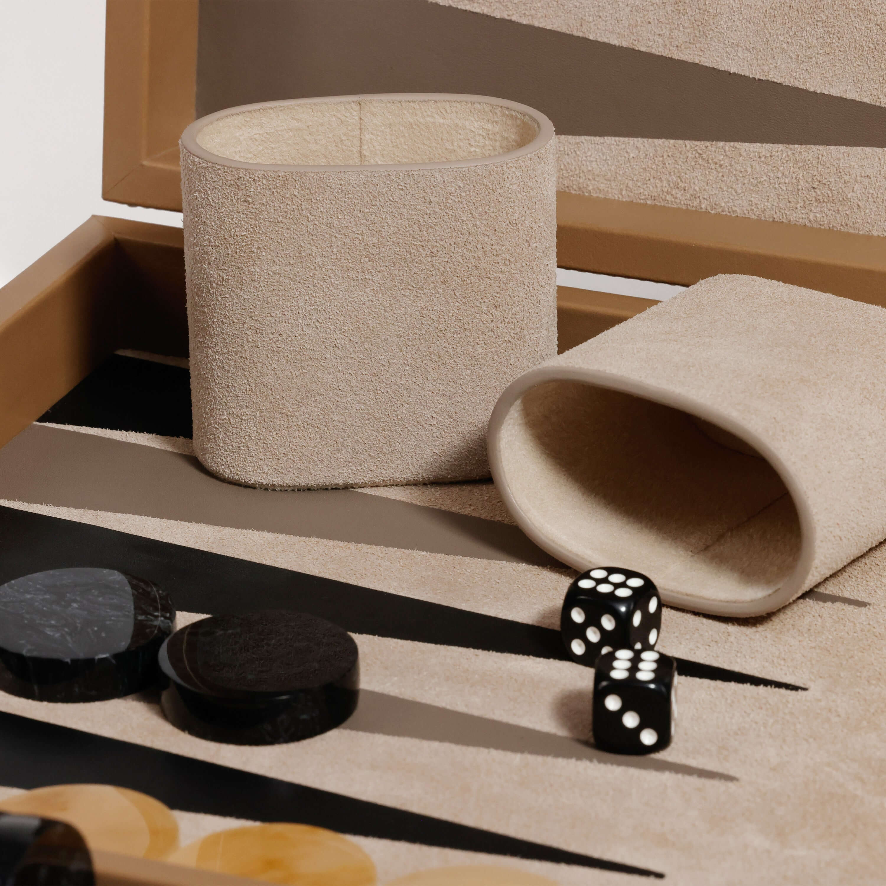 Geneva 19" Backgammon Set - Taupe Leather contents including dice and smooth playing pieces.