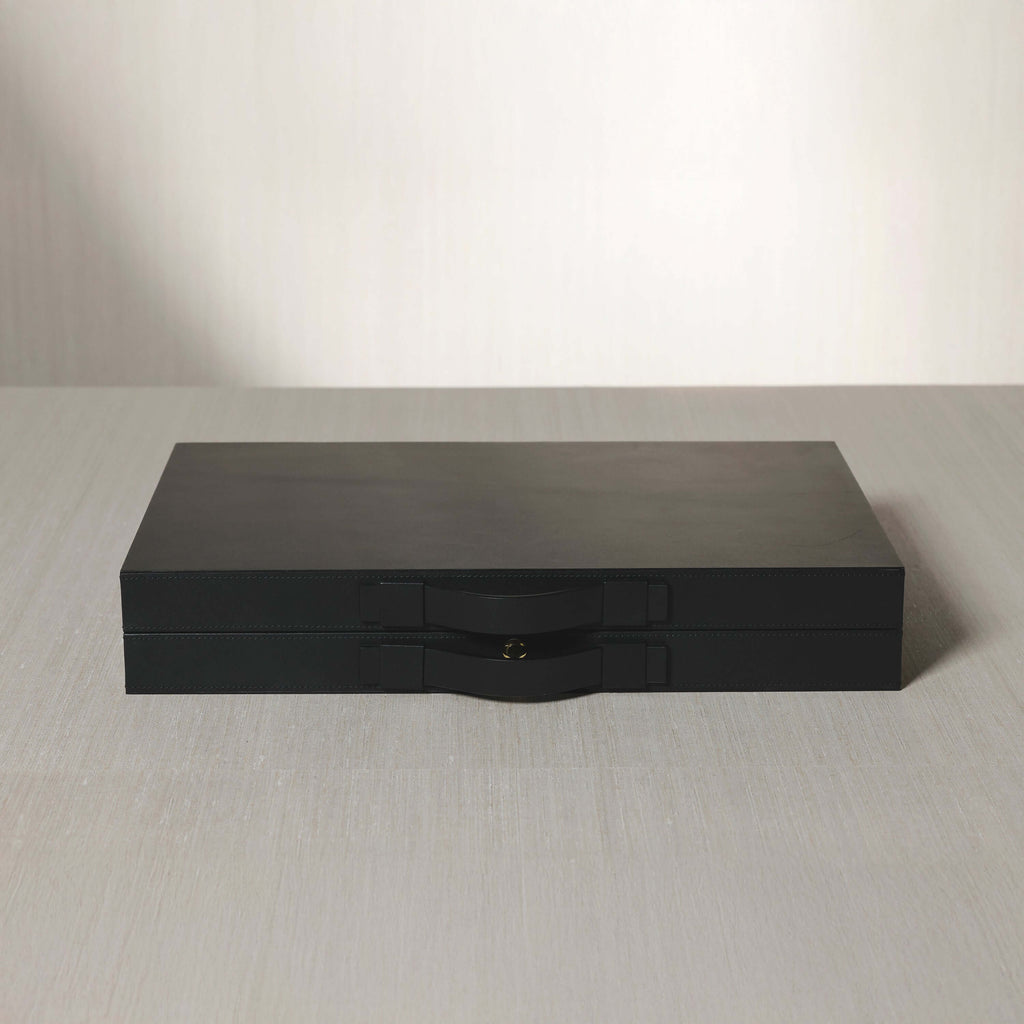 Geneva 19" Backgammon Set - Midnight Black Leather in sleek matte black leather finish