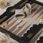 Geneva 19" Backgammon Set - Midnight Black Leather with dice and game pieces on a luxurious game board.