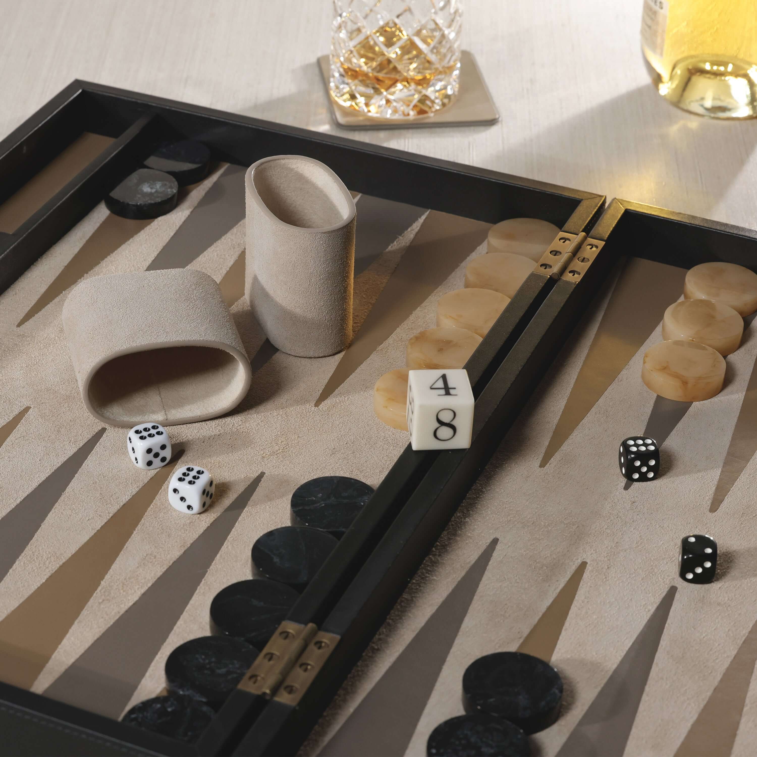 Geneva 19" Backgammon Set - Midnight Black Leather game board with dice and pieces.