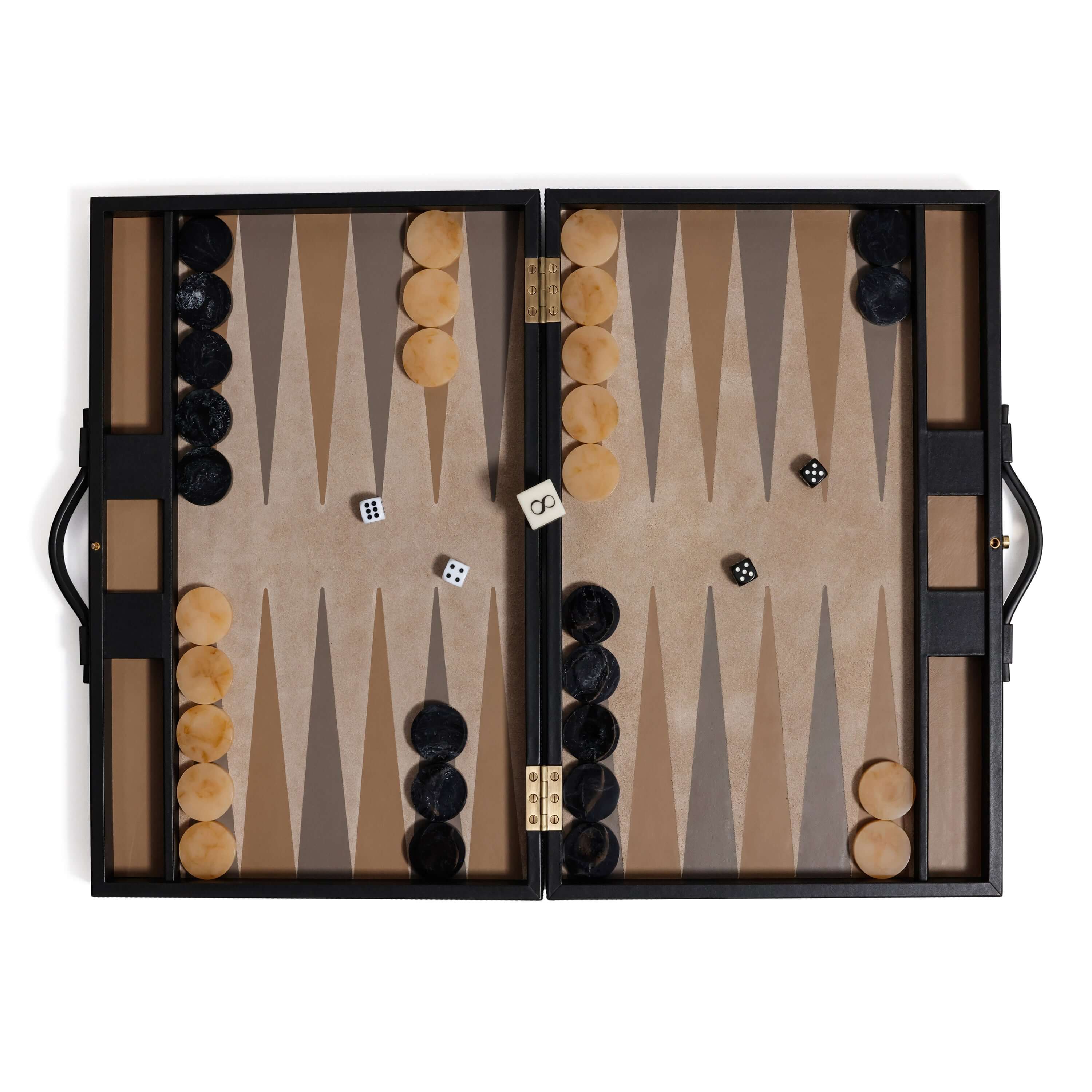 Geneva 19" Backgammon Set - Midnight Black Leather showcasing the elegant playing surface and game pieces.