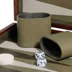 Close-up of the Palma de Mallorca 19" Backgammon Set showing dice and leather cups in green.