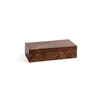 Chevron Wood Box made of walnut-toned wood tiles with a herringbone pattern and cream suede lining.