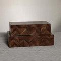 Chevron Wood Box featuring a herringbone pattern in walnut-toned wood, with a sleek design and warm interior.