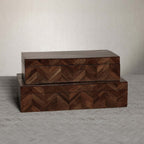 Chevron Wood Box featuring a herringbone pattern in walnut-toned wood, with a sleek design and warm interior.
