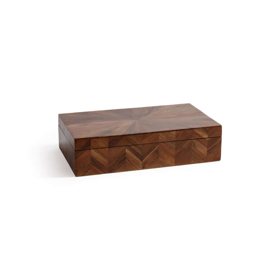 Chevron Wood Box crafted from walnut-toned wood with precise herringbone chevron design and cream suede interior.