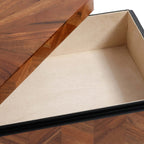 Interior view of Chevron Wood Box showing warm cream suede lining and walnut-toned wood tiles.