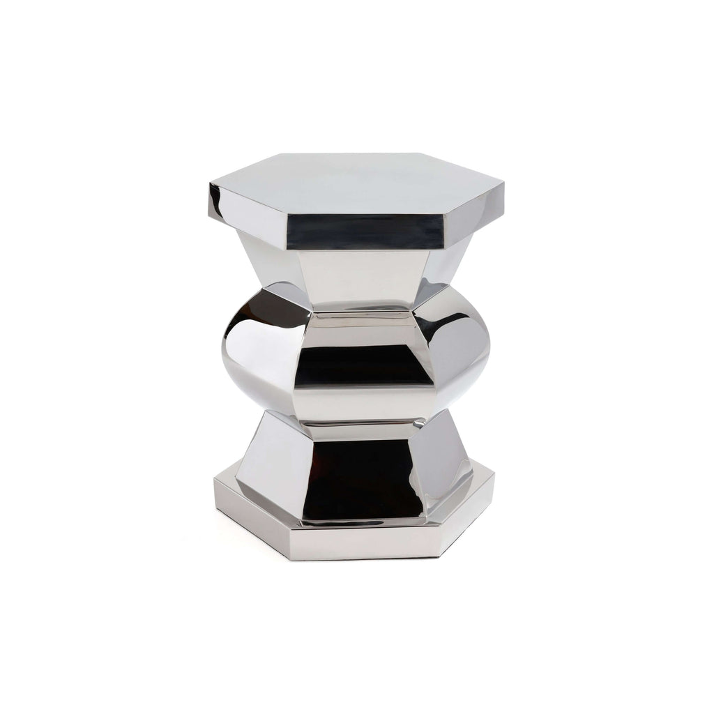 Peninsula Polished Side Table showcasing a modern, faceted design in polished stainless steel.