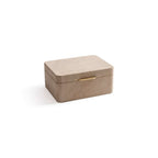 Linea Suede Jewelry Box with brushed brass hardware in soft taupe suede for elegant jewelry storage.