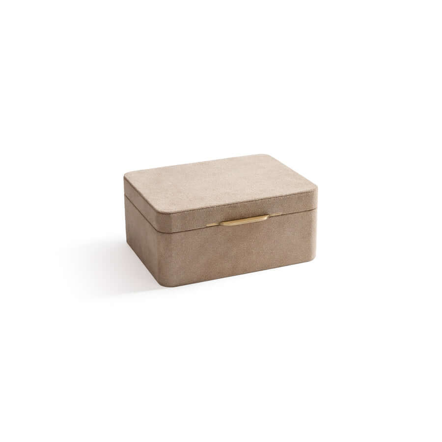 Linea Suede Jewelry Box with brushed brass hardware in soft taupe suede for elegant jewelry storage.